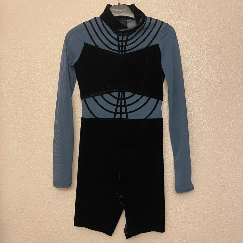 WEISSMAN Elite Dance Costume unitard blue black velvet To Be Loved 14115 LC